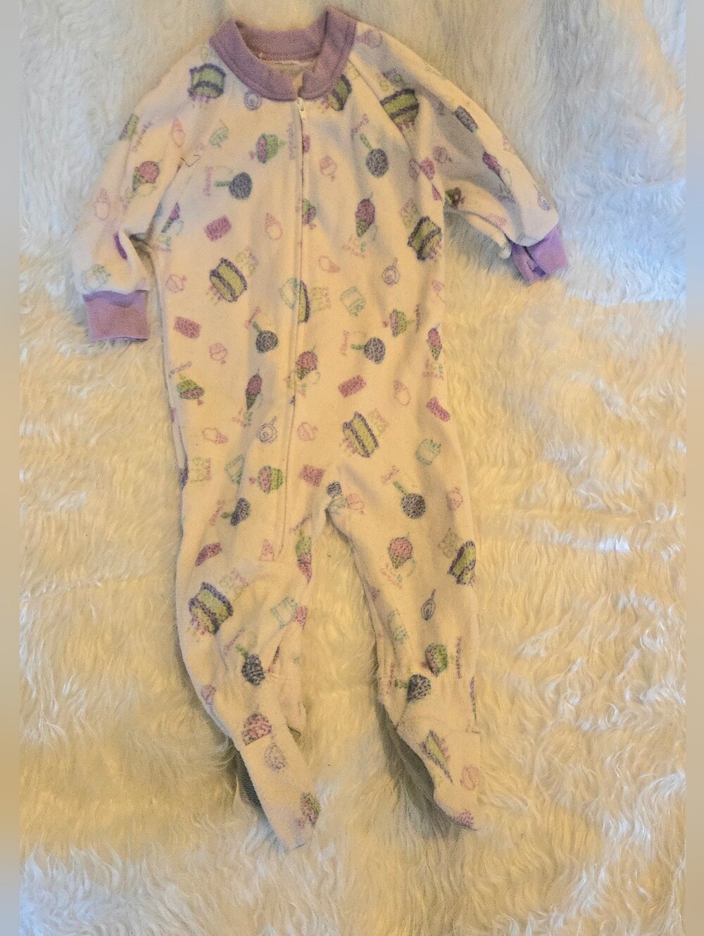 Carter's Vintage Y2K Baby Girl Footed One-Piece Purple Trim, Pastel Sweets Print